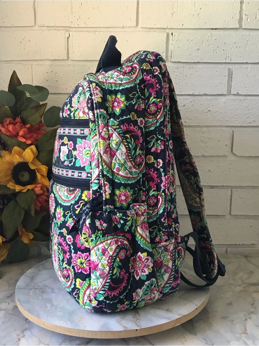 Vera Bradley Petal Paisley Campus Backpack Padded Laptop Zip Pocket Pink Blue